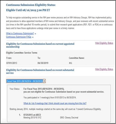 Figure 6 above: Continuous Submission Eligibility Status on Reviewer Component of Personal Profile