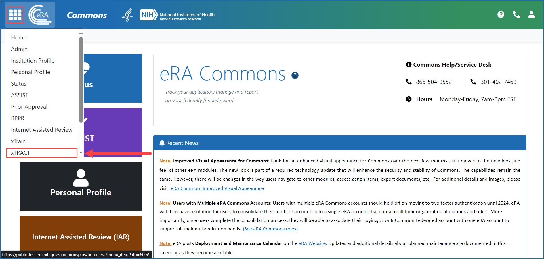eRA Commons xTRACT option on the Apps menu